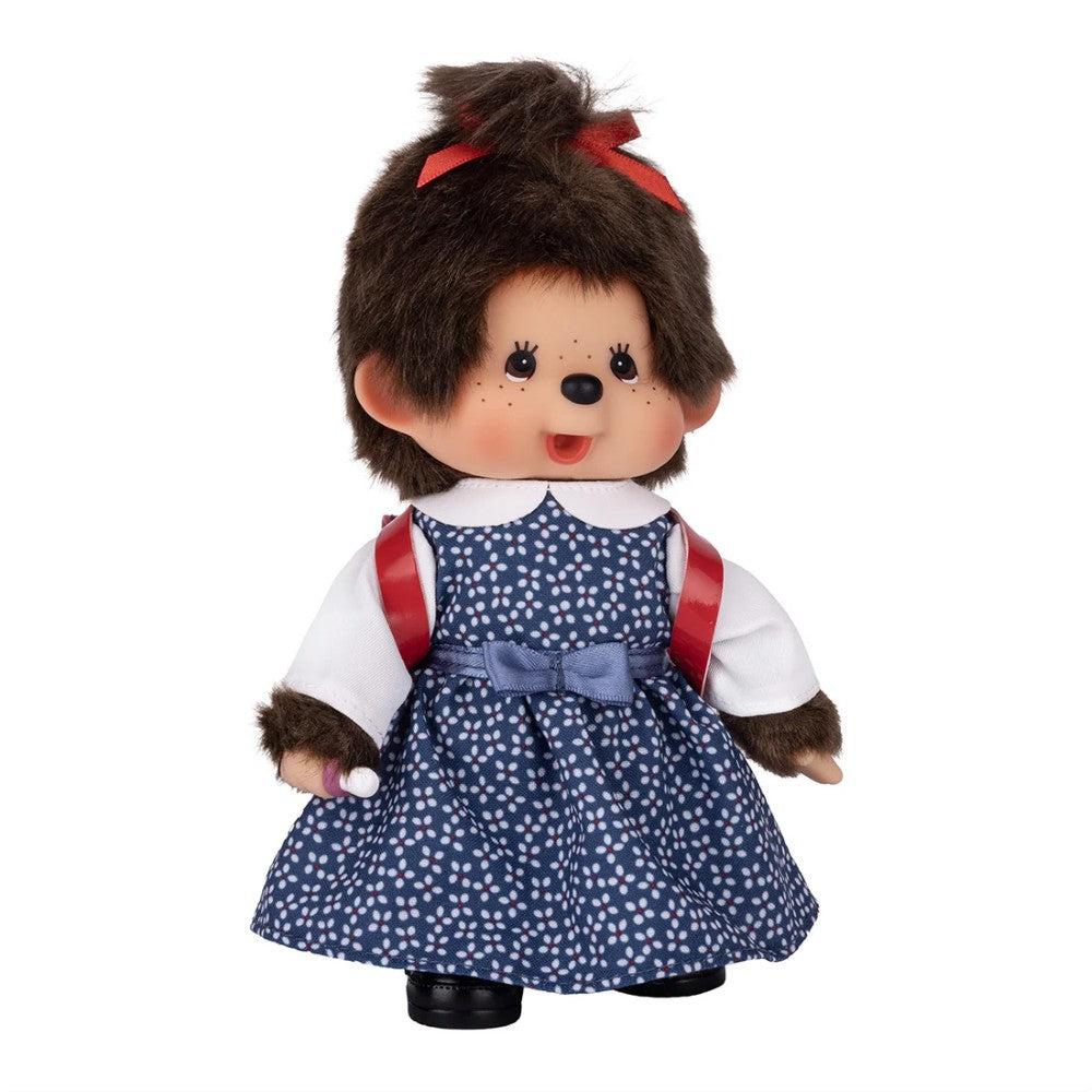 8" Monchhichi Japanese School Girl - in Blue Dress and White Shirt, Brown Eyes and Red Backpack, Sekiguchi