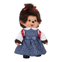 8" Monchhichi Japanese School Girl - in Blue Dress and White Shirt, Brown Eyes and Red Backpack, Sekiguchi