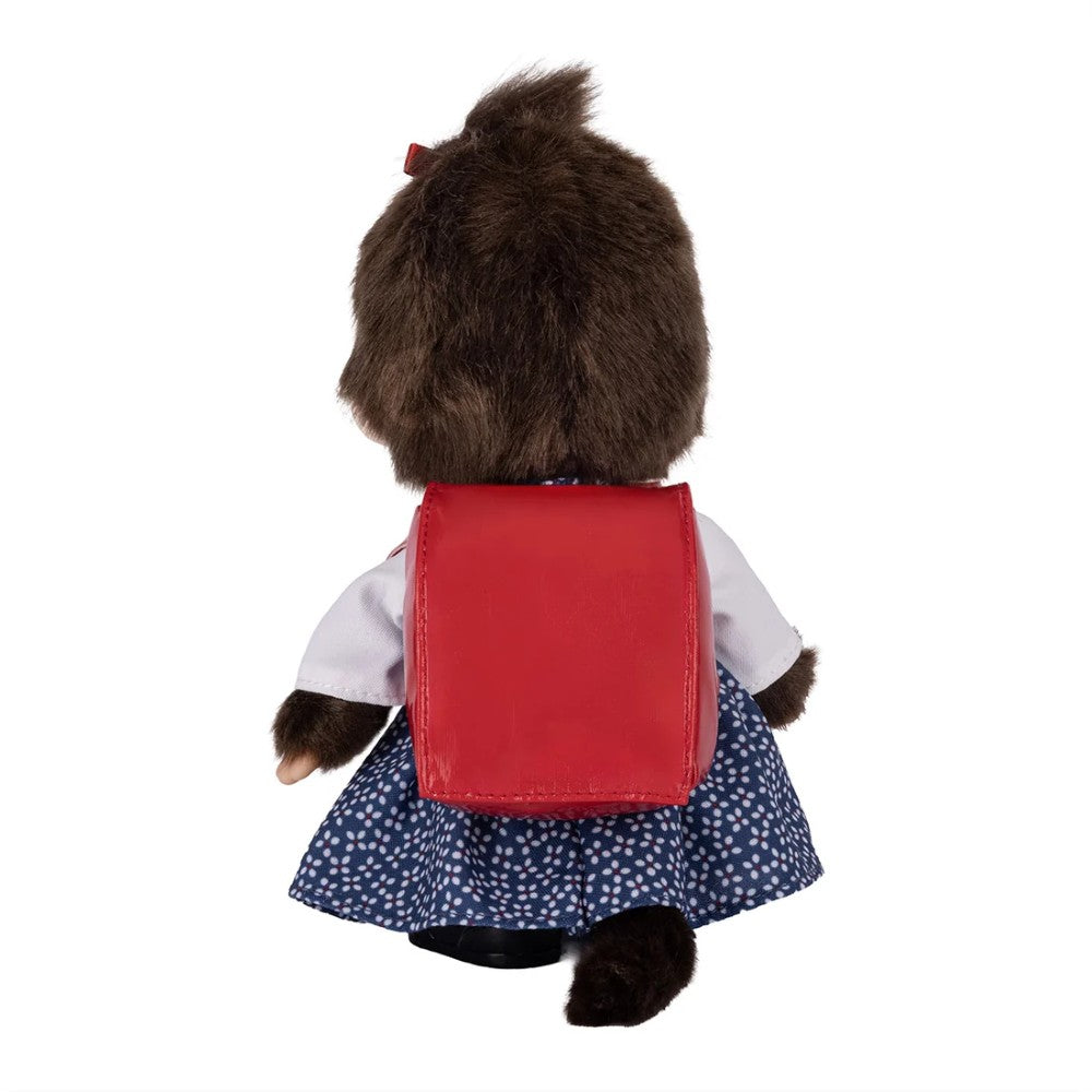 8" Monchhichi Japanese School Girl - in Blue Dress and White Shirt, Brown Eyes and Red Backpack by Sekiguchi, rear view