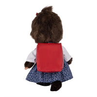 8" Monchhichi Japanese School Girl - in Blue Dress and White Shirt, Brown Eyes and Red Backpack by Sekiguchi, rear view
