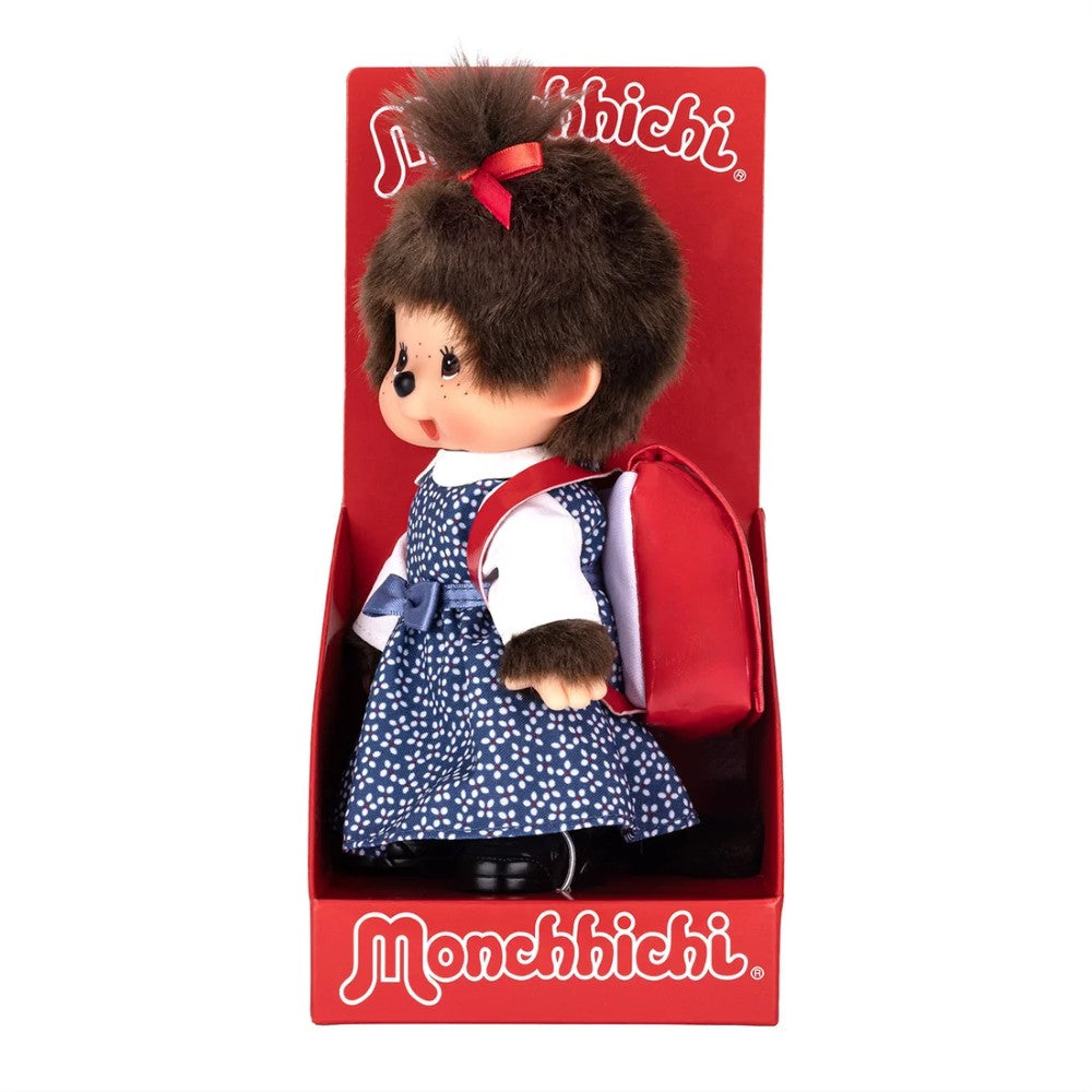 8" Monchhichi Japanese School Girl - in Blue Dress and White Shirt, Brown Eyes and Red Backpack Sekiguchi
