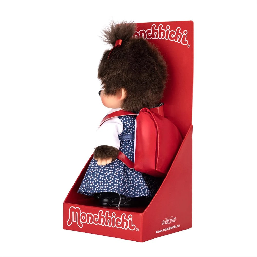 8" Monchhichi Japanese School Girl - in Blue Dress and White Shirt, Brown Eyes and Red Backpack by Sekiguchi