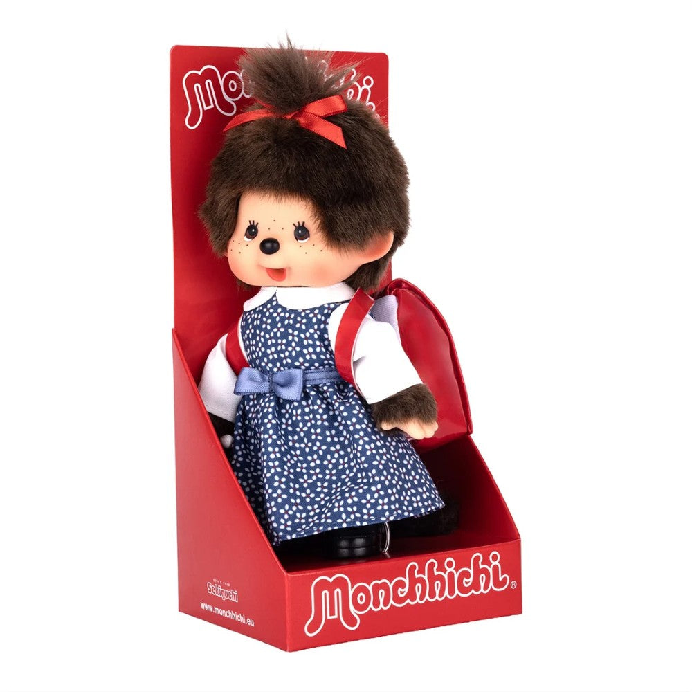 8" Monchhichi Japanese School Girl - in Blue Dress and White Shirt, Brown Eyes and Red Backpack by Sekiguchi