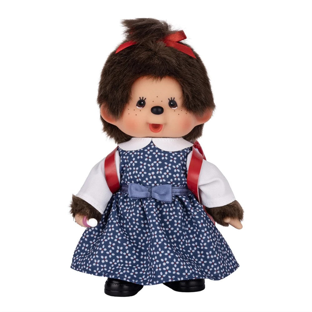 8" Monchhichi Japanese School Girl - in Blue Dress and White Shirt, Brown Eyes and Red Backpack, Sekiguchi