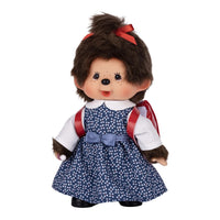 8" Monchhichi Japanese School Girl - in Blue Dress and White Shirt, Brown Eyes and Red Backpack, Sekiguchi doll