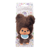 Sekiguchi 4-inch Monchhichi plush keychain dressed as a brown bear with blue checkered bib and smiling face