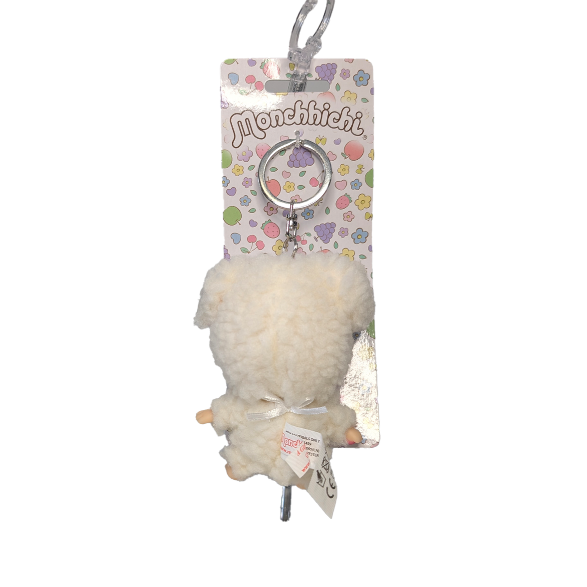Official Sekiguchi 4-inch Monchhichi keychain featuring the Chamu Sheep mascot plush, often searched as a Monchichi bag charm.