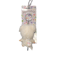 Official Sekiguchi 4-inch Monchhichi keychain featuring the Chamu Sheep mascot plush, often searched as a Monchichi bag charm.