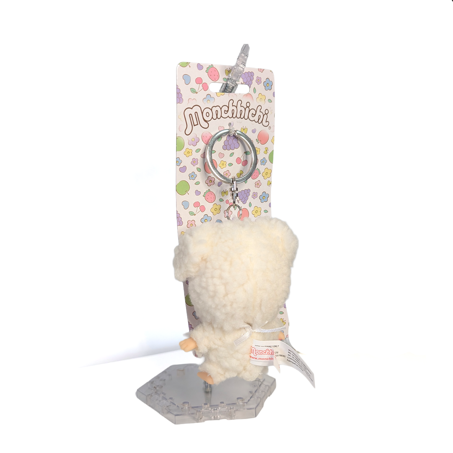 Official Sekiguchi 4-inch Monchhichi keychain featuring the Chamu Sheep mascot plush, often searched as a Monchichi bag charm.