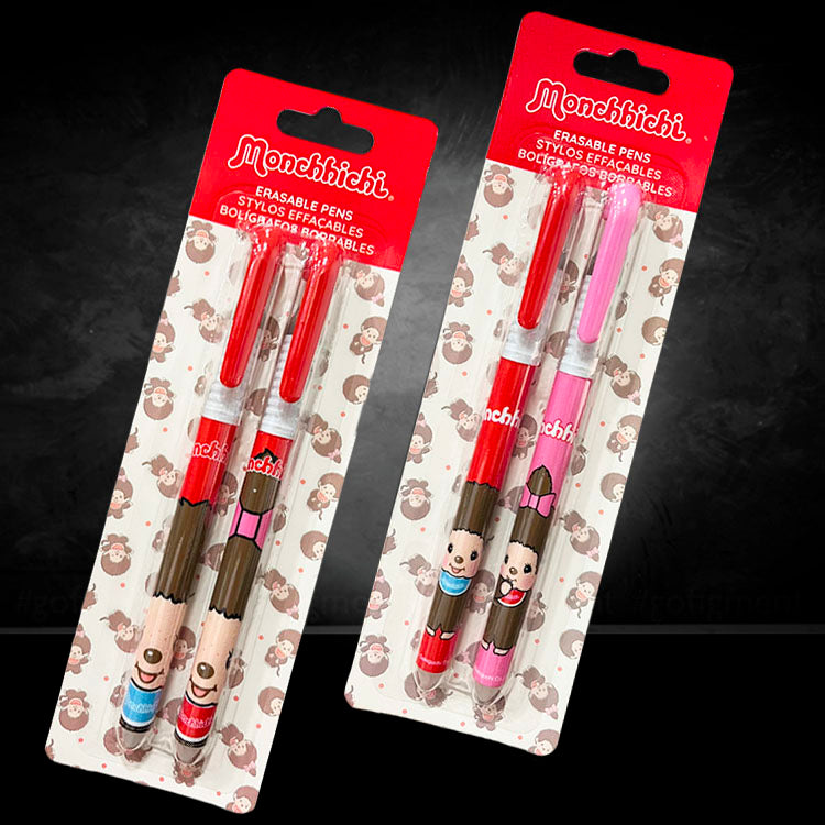 Monchhichi erasable pen set 4 pack with cute character designs by Sekiguchi on nostalgic packaging