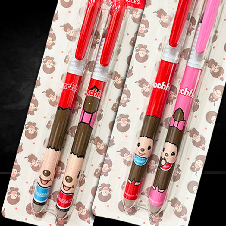 Monchhichi Erasable Pen Set 4 pack by Sekiguchi featuring nostalgic character designs in red and pink colors