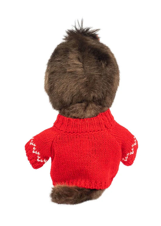 Back view of a brown furry doll wearing a red knitted sweater with a visible tail