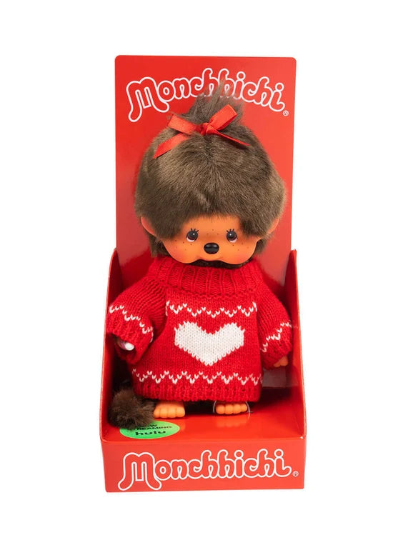 8" Monchhichi Brown Girl - in Red Heart Sweater, Ponytail and Brown Eyes