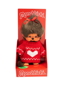 8" Monchhichi Brown Girl - in Red Heart Sweater, Ponytail and Brown Eyes