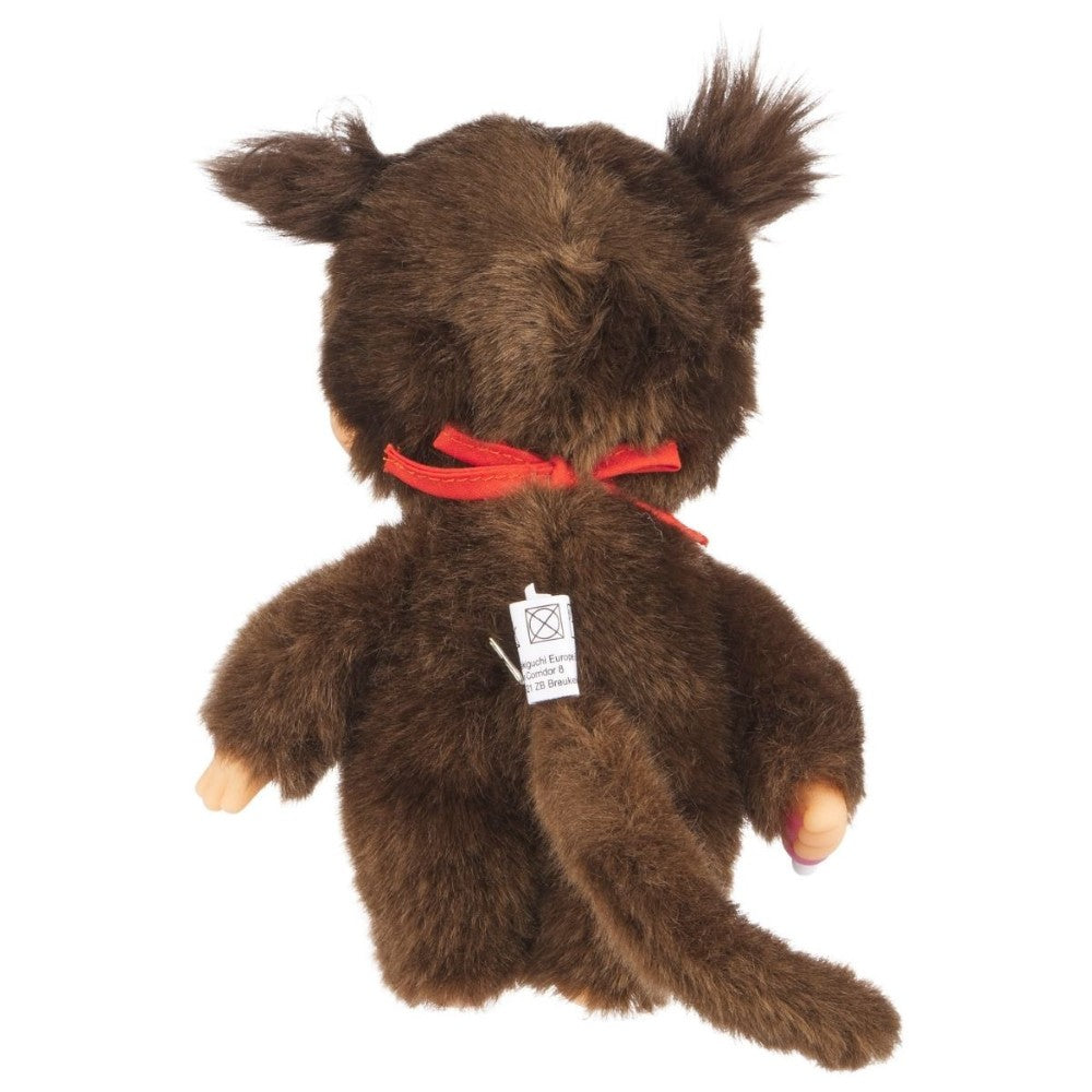 8" Large Monchhichi Doll - Retro Monmate Girl - Authentic Monkey Plush, NWT by Sekiguchi showing back view with red ribbon