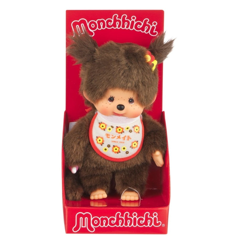 8" Large Monchhichi Doll - Retro Monmate Girl - Authentic Monkey Plush, NWT by Sekiguchi in original red box packaging
