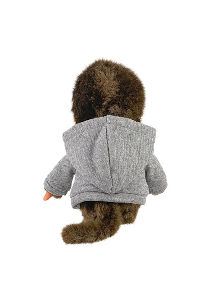 Monchhichi Pop Rockstar in Hoodie Plush 8 Inch Figure with Headphones by Sekiguchi, rear view in gray hoodie