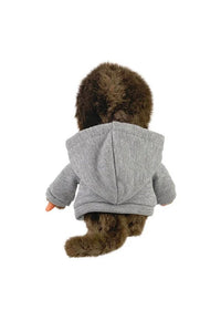 Monchhichi Pop Rockstar in Hoodie Plush 8 Inch Figure with Headphones by Sekiguchi, rear view in gray hoodie