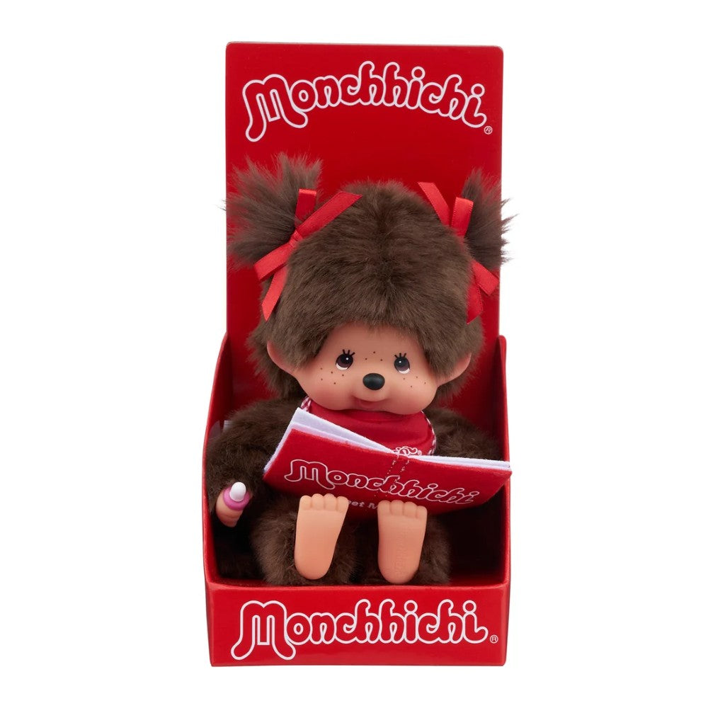 8" Monchhichi Sitting Girl - in Red Bib, Pigtails and Brown Eyes with Monchhichi Book by Sekiguchi collectible doll