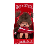 8" Monchhichi Sitting Girl - in Red Bib, Pigtails and Brown Eyes with Monchhichi Book by Sekiguchi collectible doll