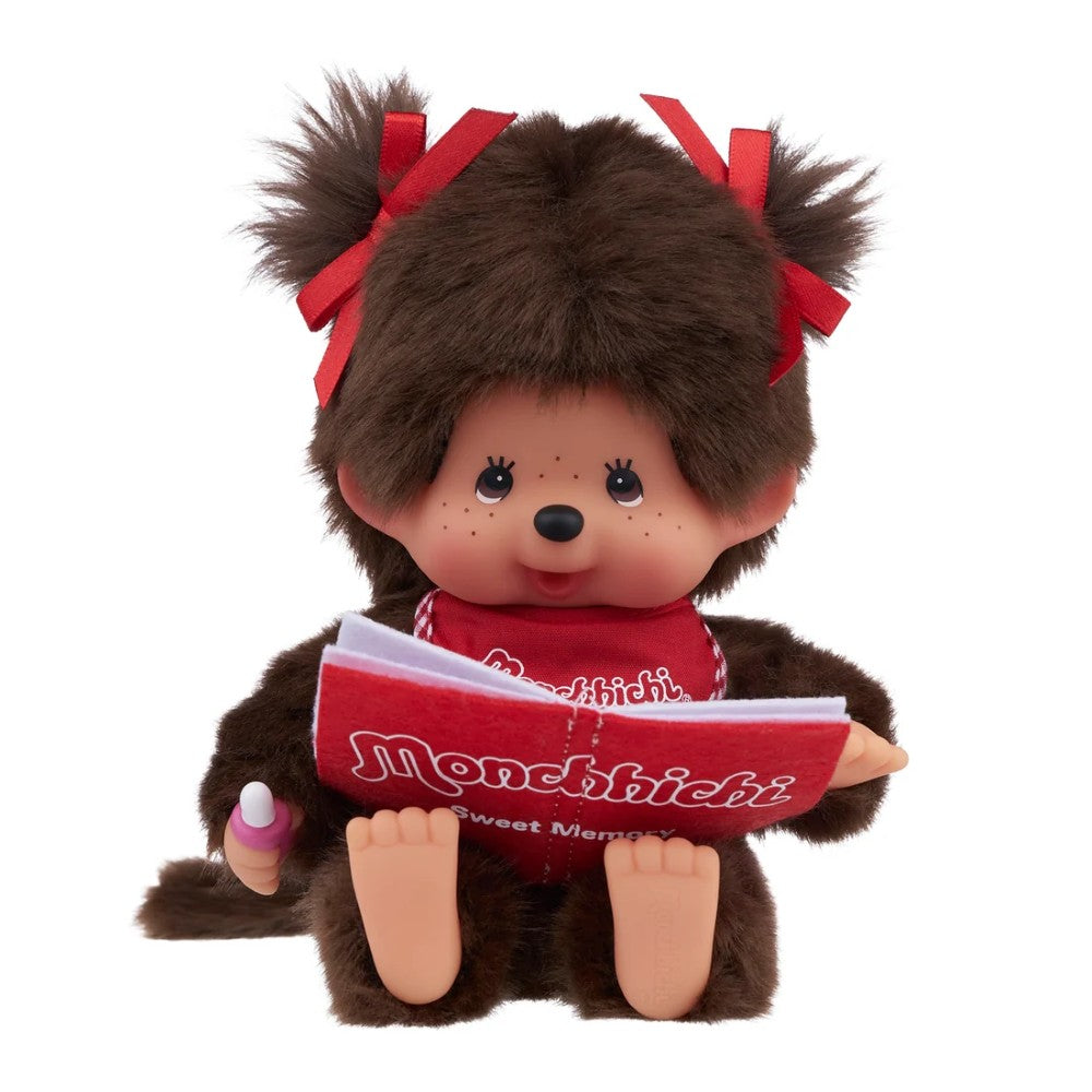 8" Monchhichi Sitting Girl - in Red Bib, Pigtails and Brown Eyes with Monchhichi Book by Sekiguchi