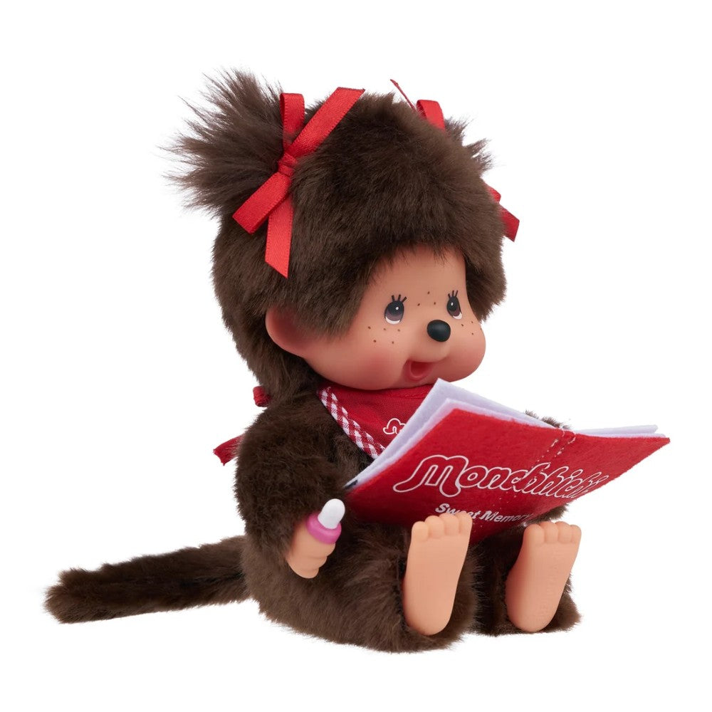 8" Monchhichi Sitting Girl - in Red Bib, Pigtails and Brown Eyes with Monchhichi Book by Sekiguchi