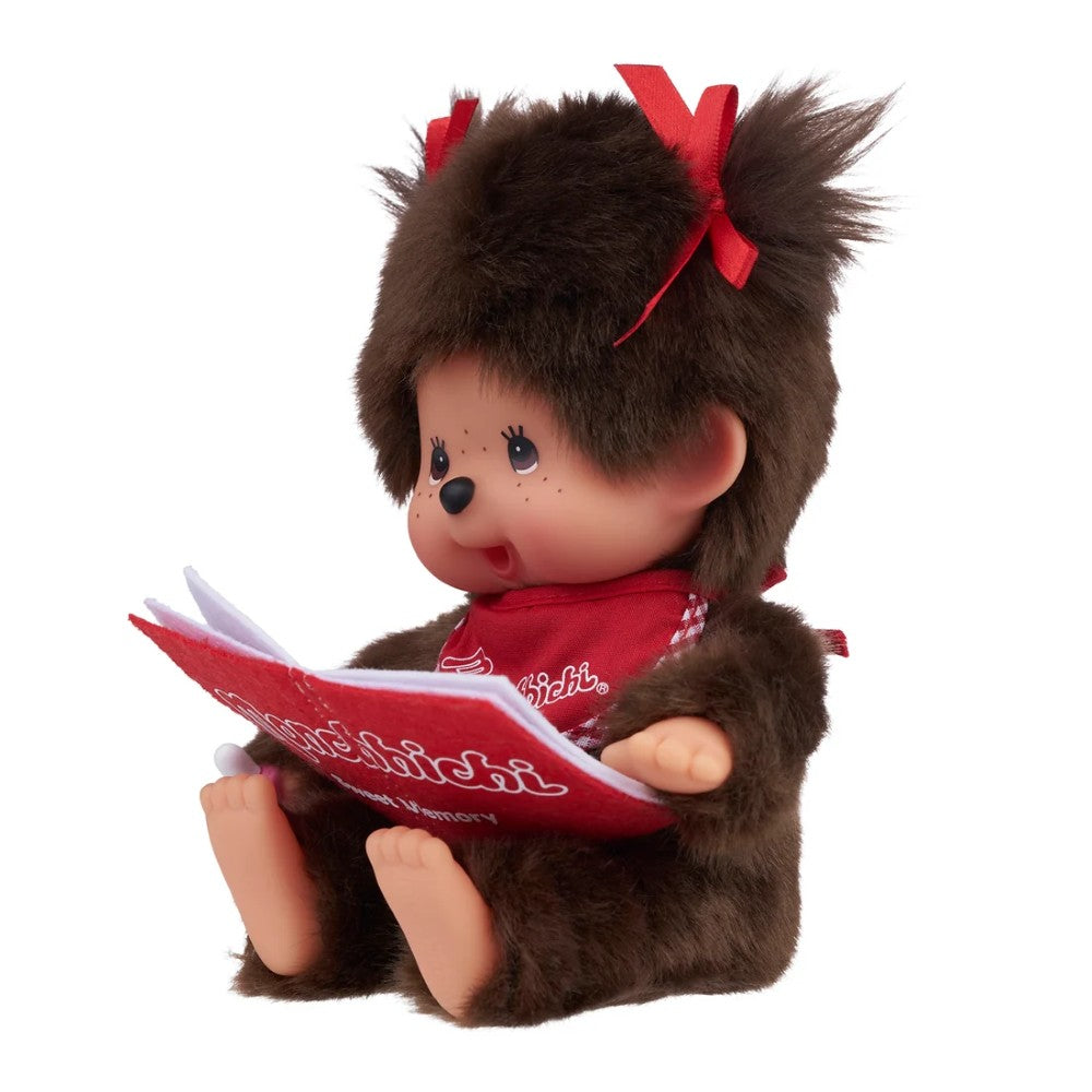 8" Monchhichi Sitting Girl - in Red Bib, Pigtails and Brown Eyes with Monchhichi Book by Sekiguchi