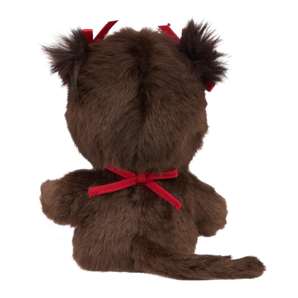 Back view of 8" Monchhichi Sitting Girl - in Red Bib, Pigtails and Brown Eyes with Monchhichi Book by Sekiguchi
