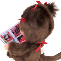 8" Monchhichi Sitting Girl - in Red Bib, Pigtails and Brown Eyes with Monchhichi Book by Sekiguchi