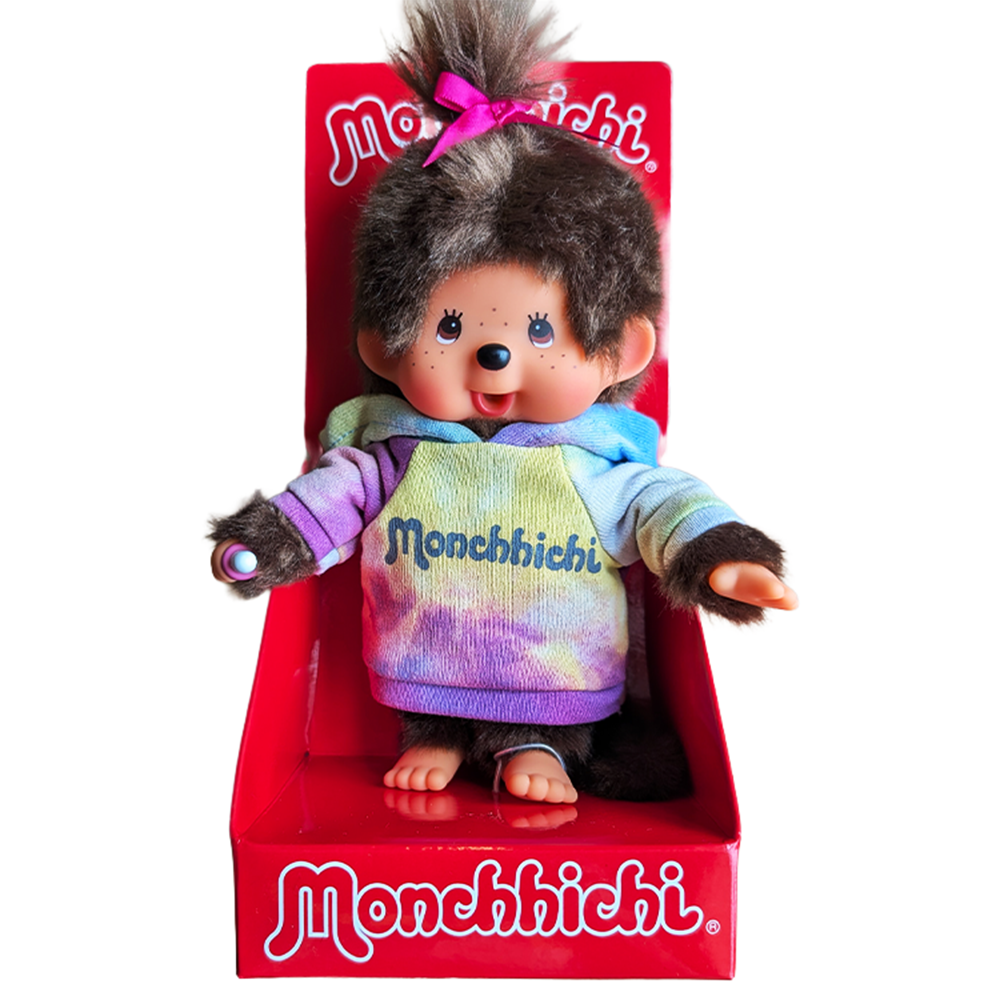 Simulated alt text for 8" Large Monchhichi Doll - Tie-Dye Hoodie Girl Plush - Authentic Monkey Plush, NWT for m4vh1y-be.myshopify.com. You are an expert SEO agent. You will generate an ALT text for this image. <Store_Context> Business Details: - Curated by a passionate collector, ensuring authe...