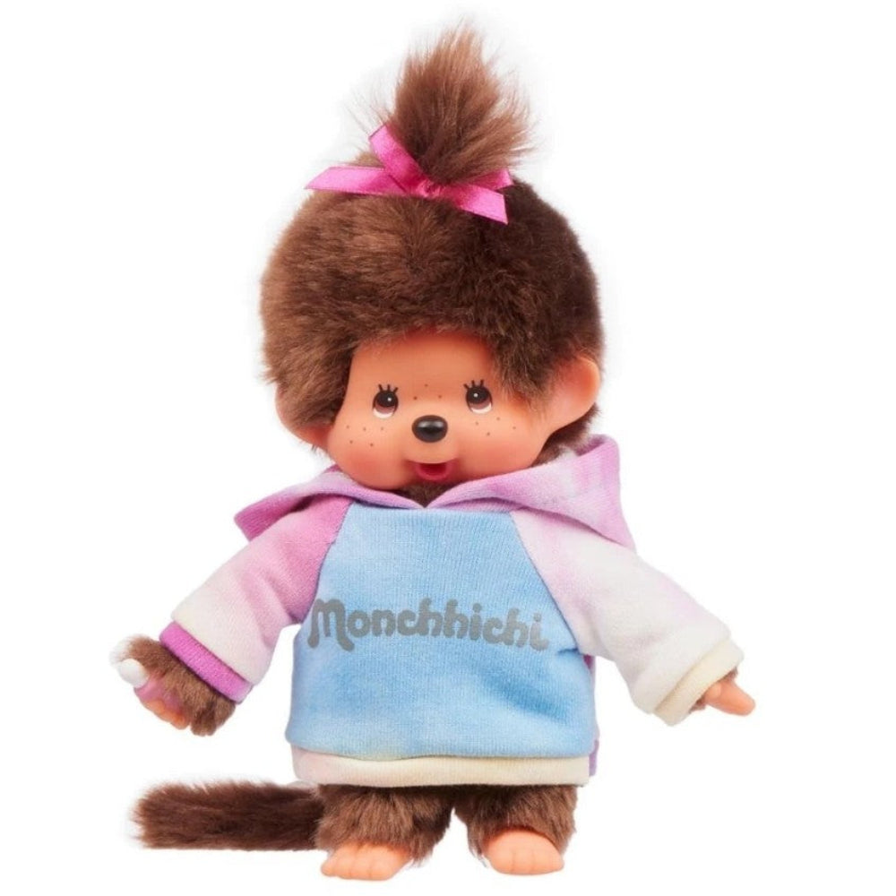 Simulated alt text for 8" Large Monchhichi Doll - Tie-Dye Hoodie Girl Plush - Authentic Monkey Plush, NWT for m4vh1y-be.myshopify.com. You are an expert SEO agent. You will generate an ALT text for this image. <Store_Context> Business Details: - Curated by a passionate collector, ensuring authe...