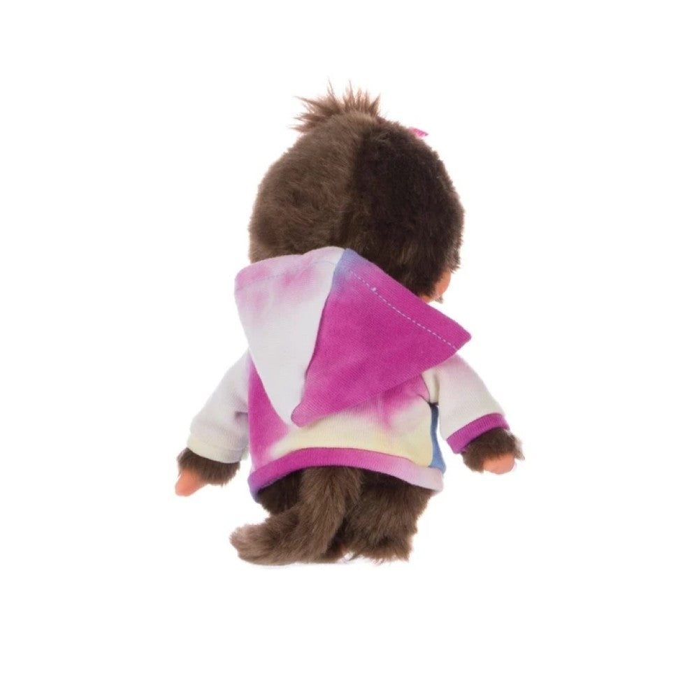 Simulated alt text for 8" Large Monchhichi Doll - Tie-Dye Hoodie Girl Plush - Authentic Monkey Plush, NWT for m4vh1y-be.myshopify.com. You are an expert SEO agent. You will generate an ALT text for this image. <Store_Context> Business Details: - Curated by a passionate collector, ensuring authe...