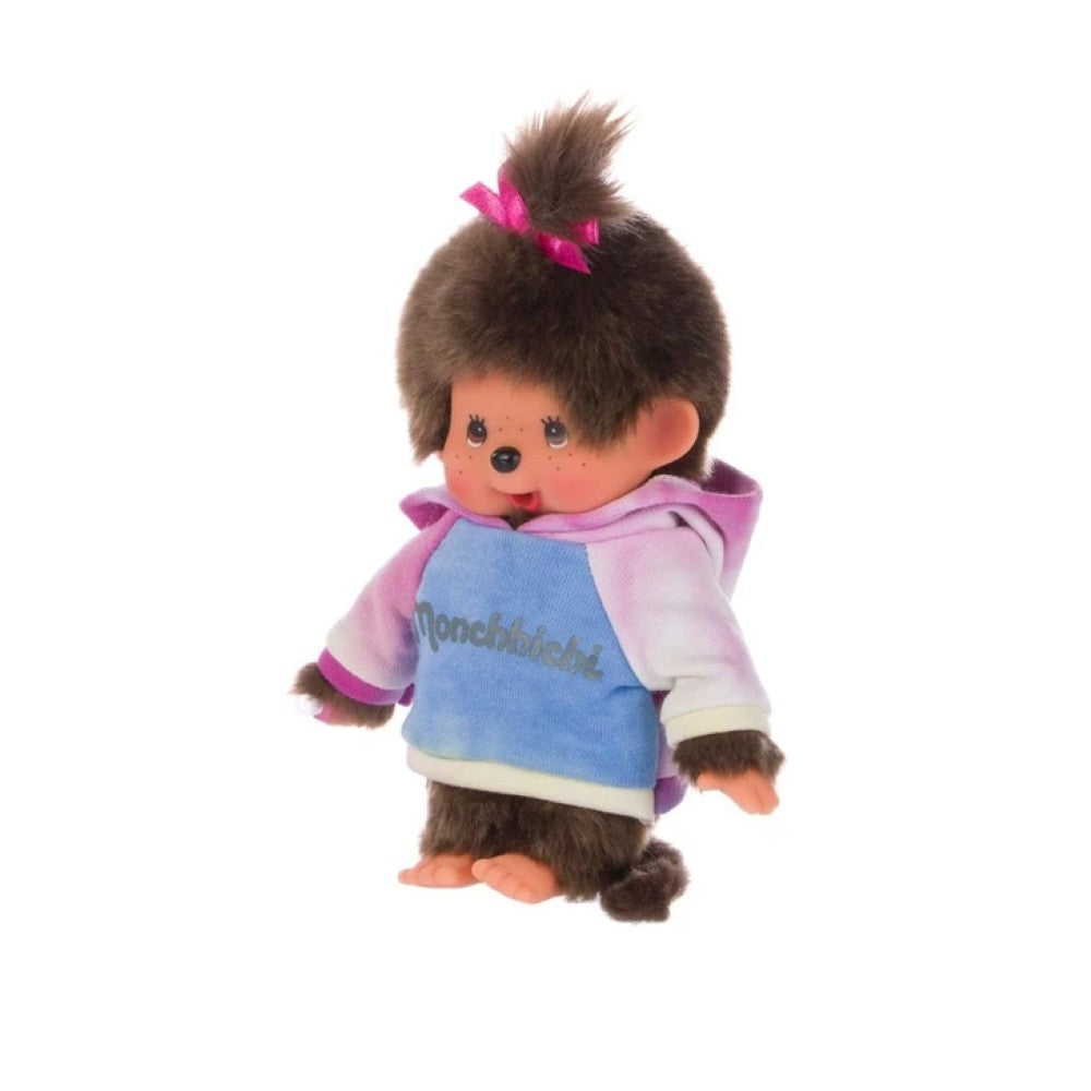 Simulated alt text for 8" Large Monchhichi Doll - Tie-Dye Hoodie Girl Plush - Authentic Monkey Plush, NWT for m4vh1y-be.myshopify.com. You are an expert SEO agent. You will generate an ALT text for this image. <Store_Context> Business Details: - Curated by a passionate collector, ensuring authe...