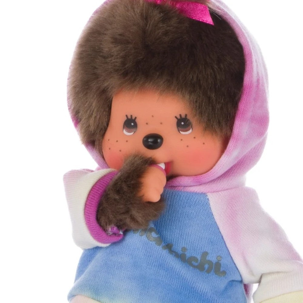 Simulated alt text for 8" Large Monchhichi Doll - Tie-Dye Hoodie Girl Plush - Authentic Monkey Plush, NWT for m4vh1y-be.myshopify.com. You are an expert SEO agent. You will generate an ALT text for this image. <Store_Context> Business Details: - Curated by a passionate collector, ensuring authe...