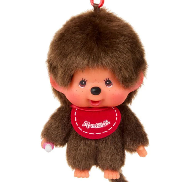 Sekiguchi Monchhichi Boy Classic Big Head plush mascot clip with red bib and soft brown fur in new condition