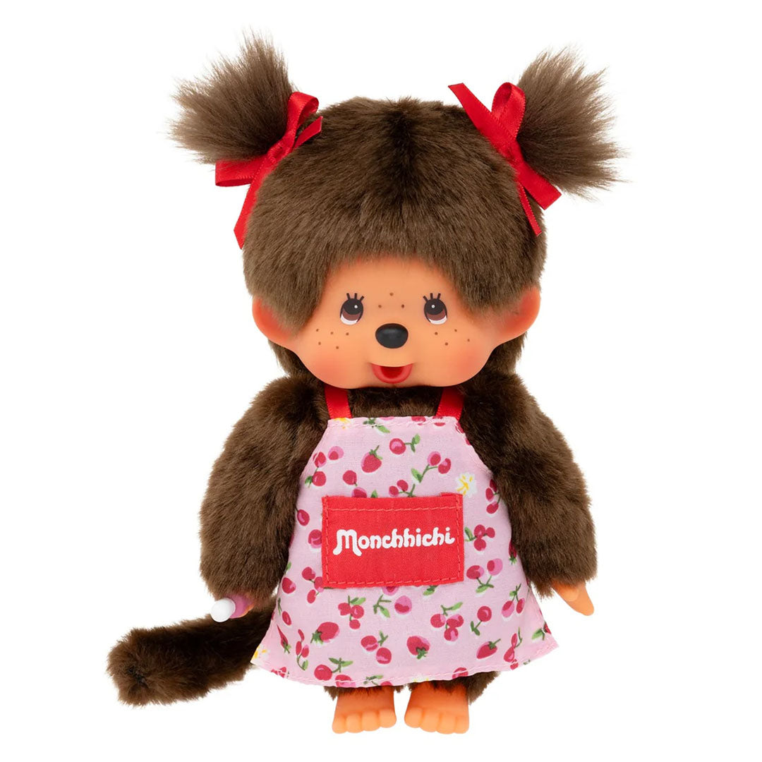 Sekiguchi Monchhichi girl plush monkey with brown fur wearing pink cherry flower apron and red hair bows 8 inch