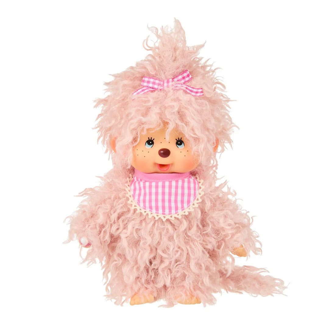 Sekiguchi Monchhichi 8" plush monkey with fluffy pink beige fur and pink gingham bib and bow