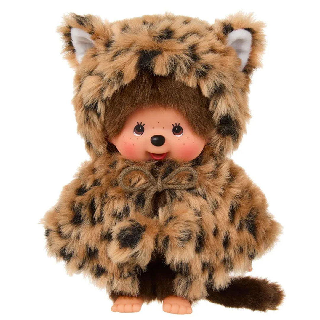 Sekiguchi Monchhichi plush monkey wearing a soft leopard print hood and cape with tied bow detail