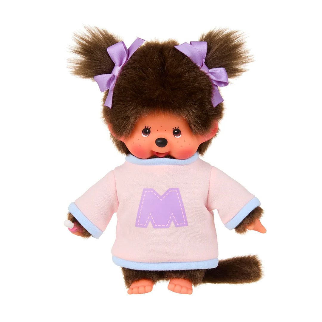Sekiguchi Monchhichi girl plush 8 inch monkey with pink and purple bi-color sweater and purple hair bows