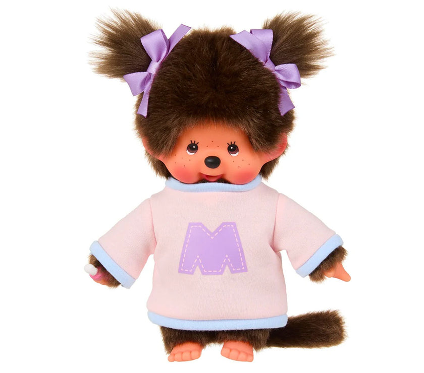 Sekiguchi Monchhichi Girl Pink and Purple "M" Bi-color Sweater Plush 8" Monkey