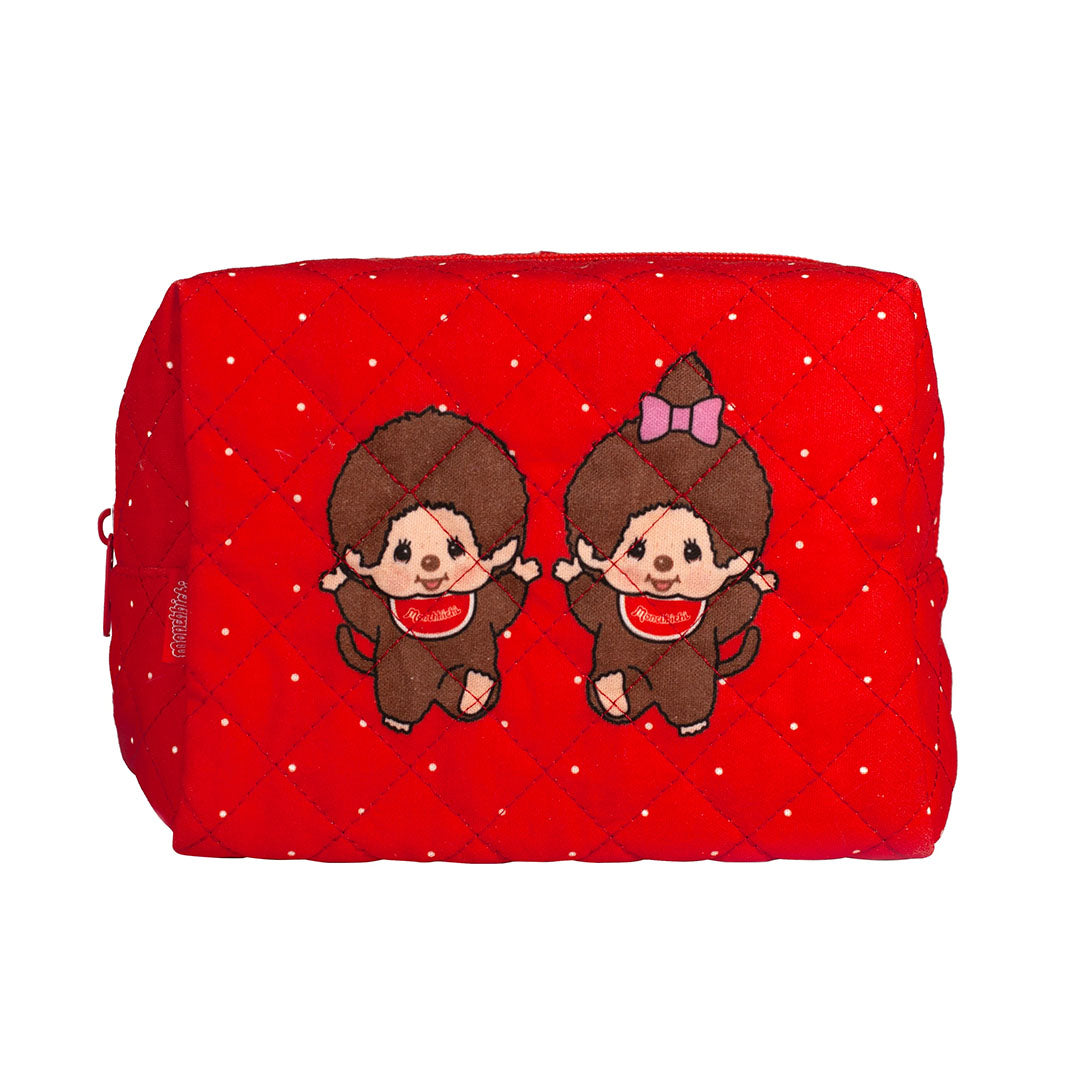 Sekiguchi Monchhichi 7 inch soft quilted red pouch featuring Boy and Girl Monchhichi characters