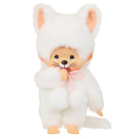 Sekiguchi Monchhichi 7-inch plush doll dressed in a white cat outfit with thumb in mouth and soft fur.