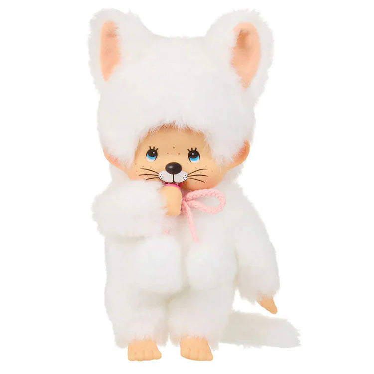 Sekiguchi Monchhichi plush toy dressed in fluffy pink and white cat costume with thumb in mouth