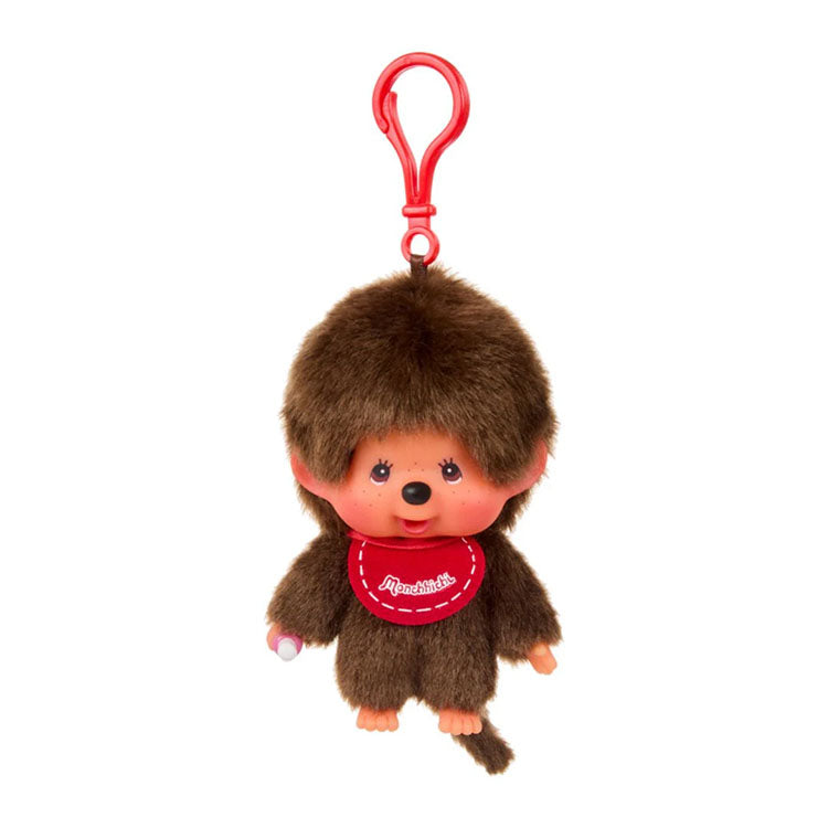 Sekiguchi Monchhichi Boy Classic Big Head plush mascot clip with thumb in mouth and red bib keychain accessory