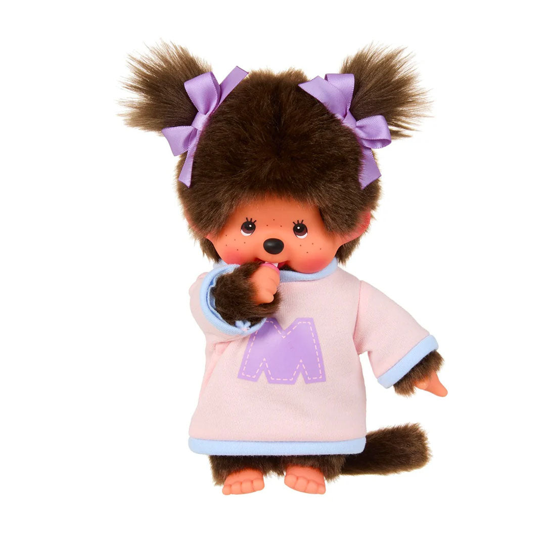 Sekiguchi Monchhichi 8 inch plush girl monkey in pink and purple bi-color sweater with thumb in mouth
