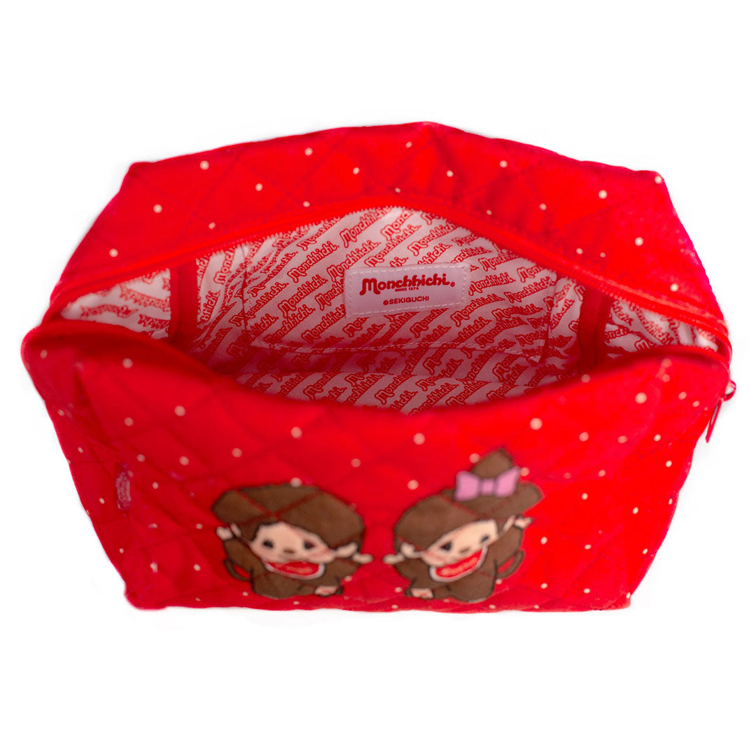 Sekiguchi red quilted pouch featuring Boy and Girl Monchhichi characters with patterned lining and zipper closure