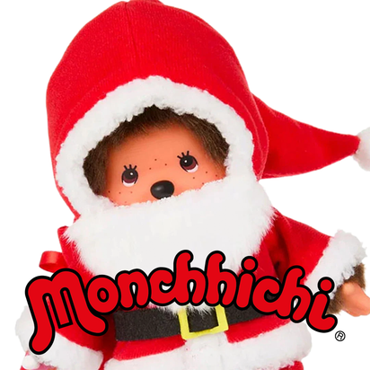 Monchhichi doll dressed as Santa Claus with a red hood, white trim, and black belt