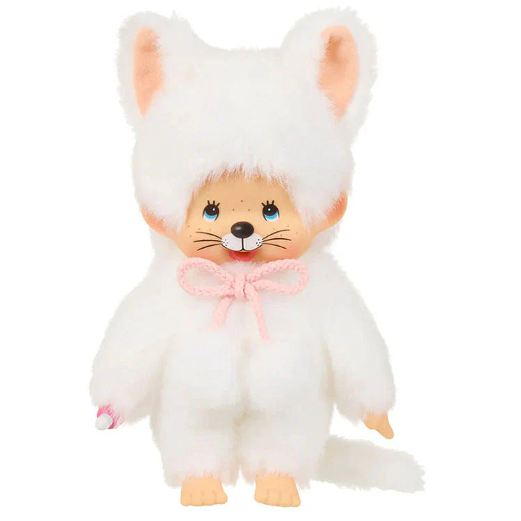 Sekiguchi Monchhichi plush monkey dressed in a fluffy pink and white cat costume with a bow on neck