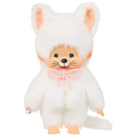 Sekiguchi Monchhichi plush monkey dressed in a fluffy pink and white cat costume with a bow on neck