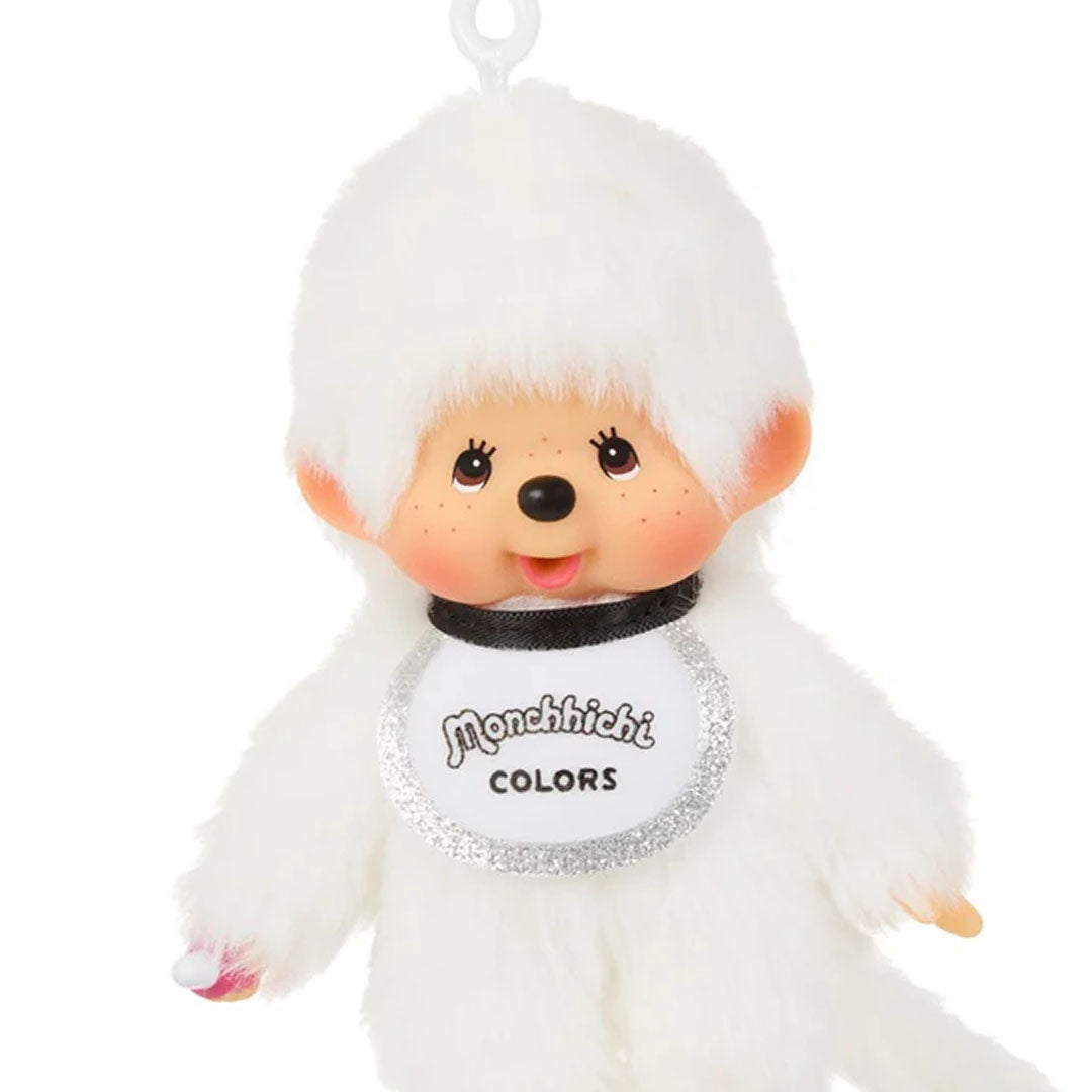 Sekiguchi Monchhichi Boy Colors white plush 6 inch mascot clip with soft fur and bib accessory
